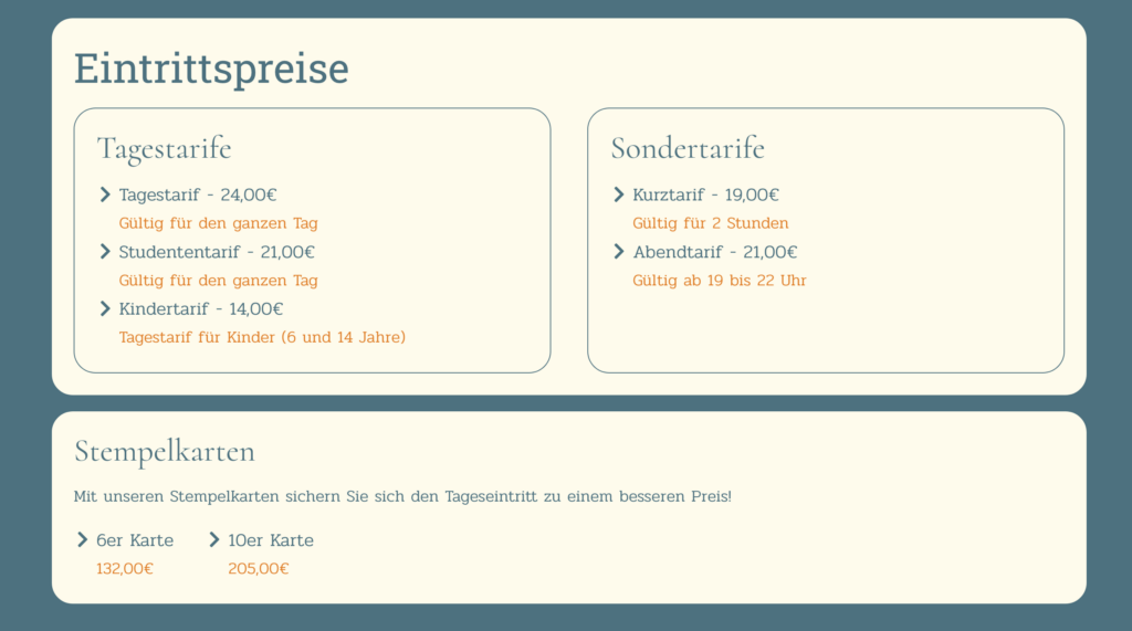 Das neue, übersichtliche Design der großen Preisliste der Sauna