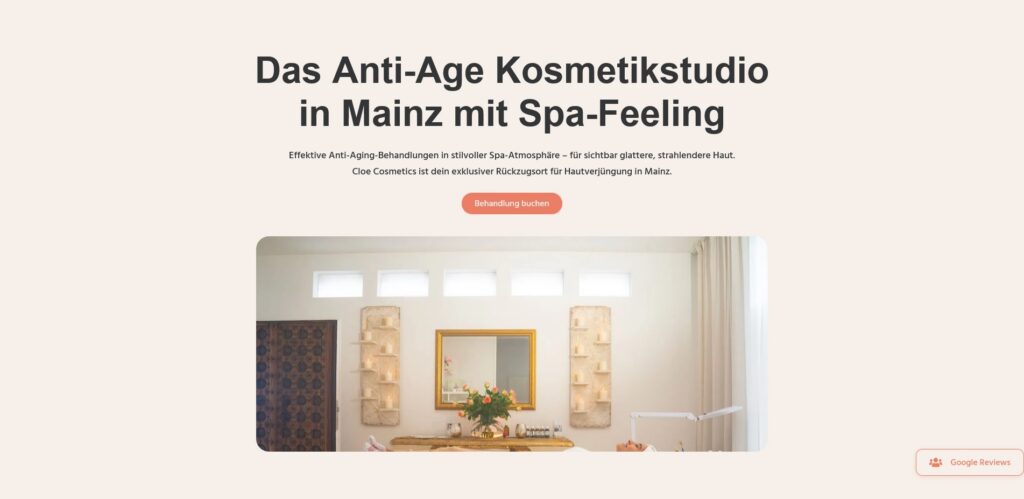 Ein Screenshot der Hero Section von CloeCosmetics, dem Anti-Age Kosmetikstudio in Mainz mit Spa-Feeling