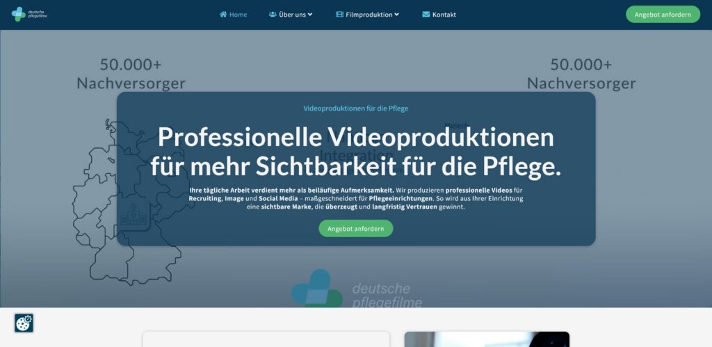 Ein Screenshot der Hero Section von Deutsche Pflegefilme - die führende Filmproduktion für die Pflege, mit Sitz in Mainz