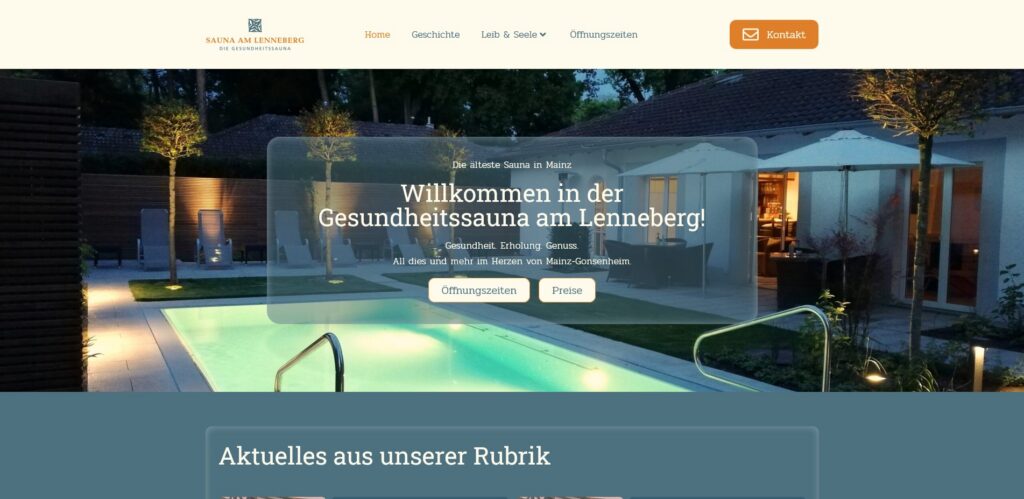 Ein Screenshot der Hero Section der Sauna am Lenneberg - eines der besten Projekte unserer WordPress Agentur Mainz
