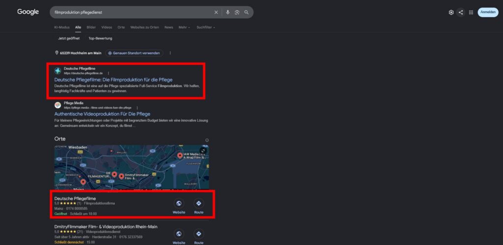 Deutsche Pflegefilme in der live Google-Suche (27.08.26)