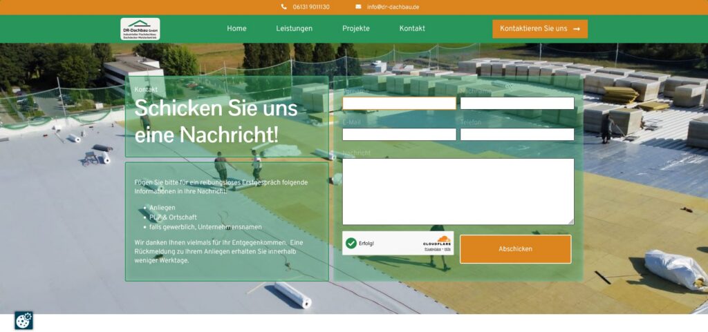 Kontaktformular der WordPress-Website "DR Dachbau" mit Cloudflare Turnstile Bot-Schutz
