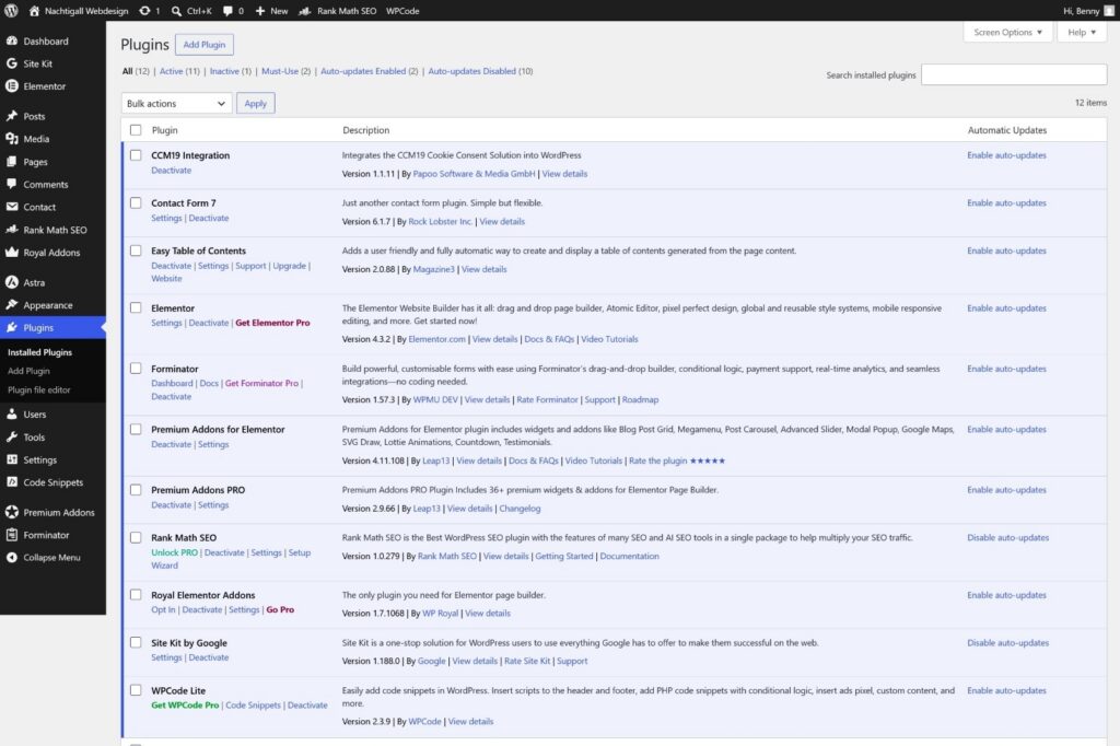 Installierte WordPress Plugins unseres Plugin Stacks im WordPress-Backend