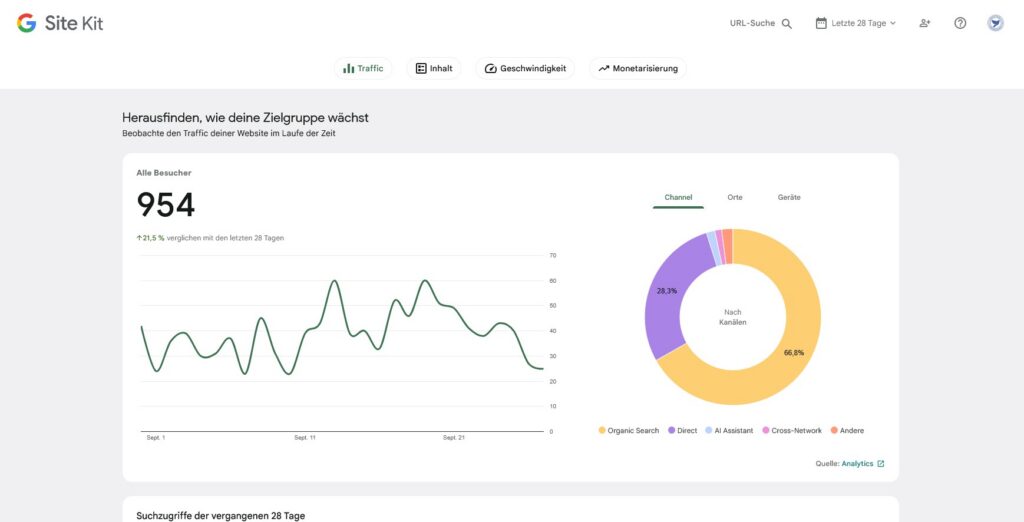 Google Site Kit Dashboard mit Analytics- und Website-Traffic-Daten