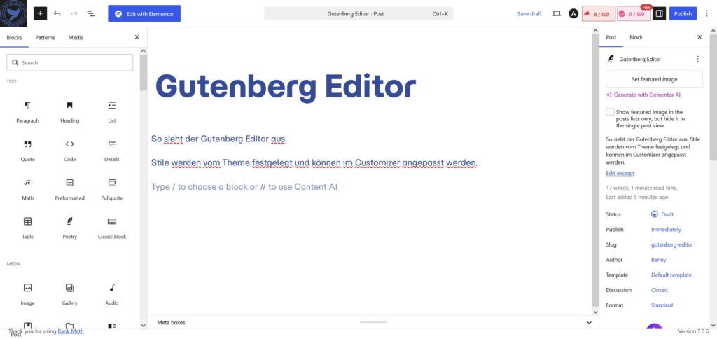 Ein Screenshot des Gutenberg Editors auf Nachtigall Webdesign